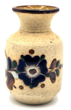 Vintage Tonala Handpainted Pottery Vase Blue Flower Made in Mexico Signed 4"
